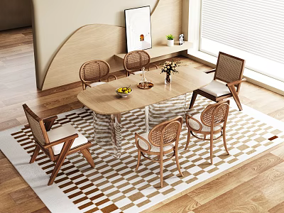 Modern Dining Table Set With Rattan Chairs Wooden Table And Geometric Rug 3d model