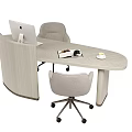 Modern Wooden Office Desk with Computer Monitor Cup and Documents and Two Ergonomic Chairs