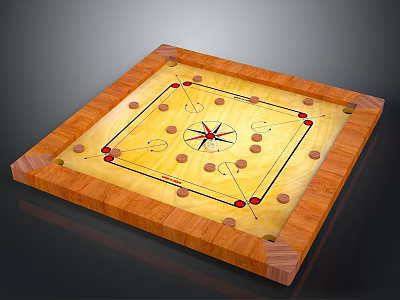 Wooden Square Carrom Board Furniture Featuring Yellow Surface With Red Black Markings And Lines 3d model