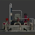 Industrial Mechanical Equipment With Tall Cylindrical Structures Multiple Pipes Red Valves And Hexagonal Base 3d model