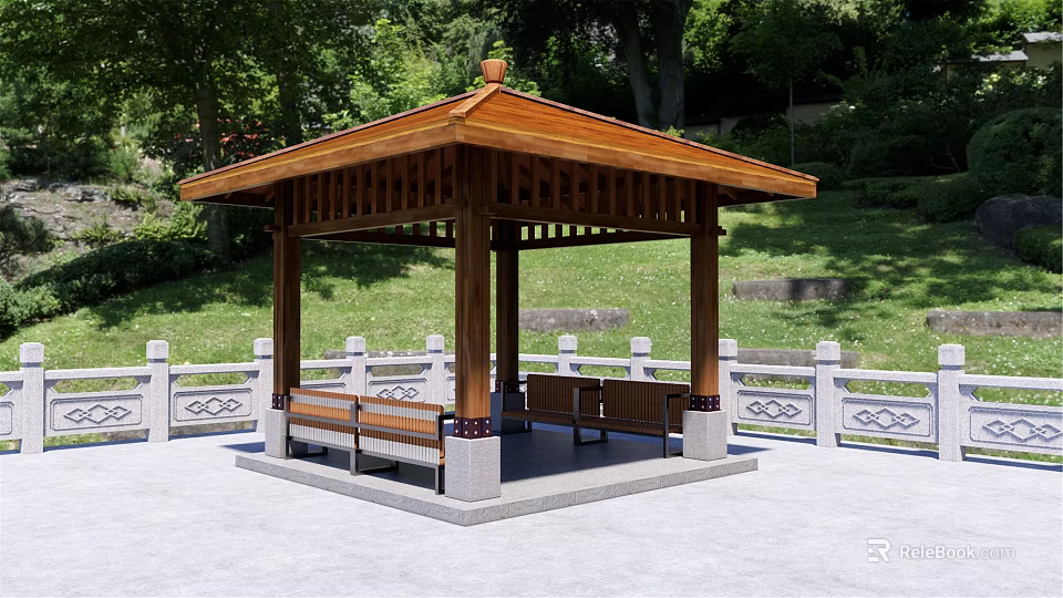 Traditional Wooden Pavilion Set In Lush Green Lawn With Trees White Railings And Wooden Benches 3d model 