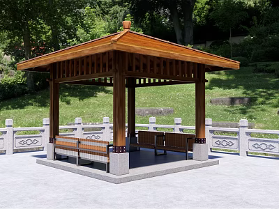 Traditional Wooden Pavilion Set In Lush Green Lawn With Trees White Railings And Wooden Benches 3d model