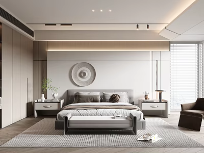 Modern Minimalist Bedroom Interior Design With Bedside Tables Circular Wall Art And Area Rug 3d model