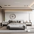 Modern Minimalist Bedroom Interior Design With Bedside Tables Circular Wall Art And Area Rug