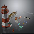 Red And White Lighthouse Scene With Dock Lifebuoy Lifeboat And Rocks