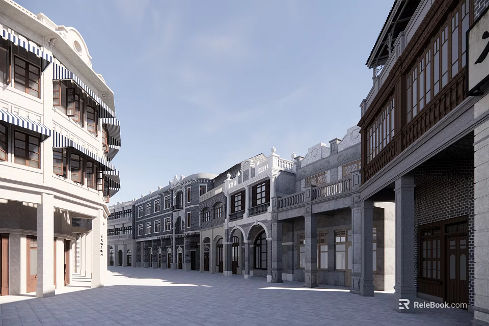Traditional Commercial Street With Classical Architecture Arched Doors And Stone Pavement 3d model 