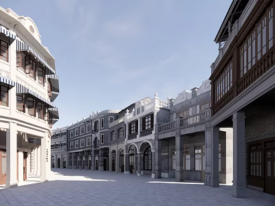 Traditional Commercial Street With Classical Architecture Arched Doors And Stone Pavement 3d model