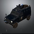 Dark Blue Police Armored Vehicle With Roof Mounted Blue Lights Body Emblem And Muddy Sturdy Design