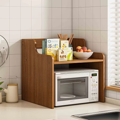 Wooden Bathroom Cabinet Rack With Microwave Boxes And Fruit Bowl On White Tiled Wall 3d model