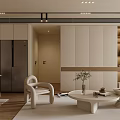 Modern Dining Living Room Interior With Beige Cabinets Wooden Shelves LED Lighting And Green Plant