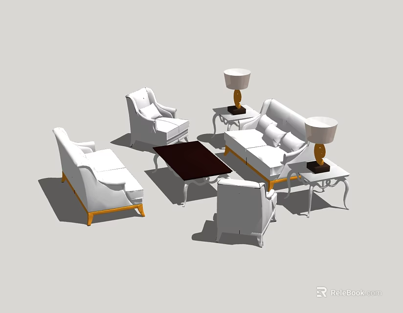 Elegant Modern White Sofa Coffee Table Set With Armchairs Side Tables Lamps Gold Legs 3d model 