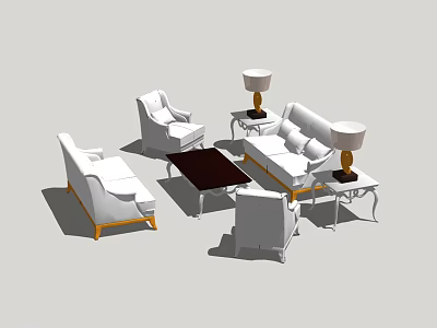 Elegant Modern White Sofa Coffee Table Set With Armchairs Side Tables Lamps Gold Legs 3d model