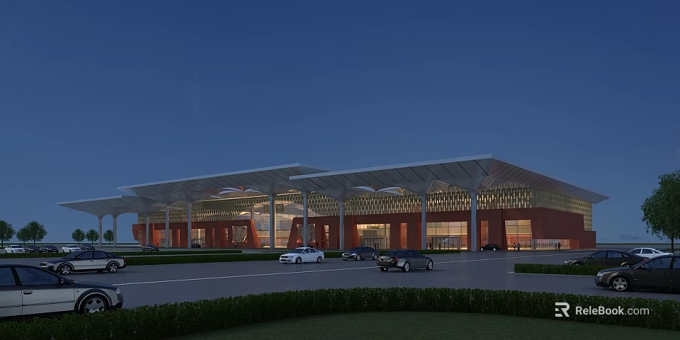 Aerial Planning of Modern Large Building With Red Facade White Roof Spacious Plaza and Parked Vehicles 3d model 