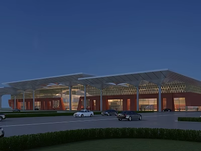Aerial Planning of Modern Large Building With Red Facade White Roof Spacious Plaza and Parked Vehicles 3d model