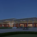 Aerial Planning of Modern Large Building With Red Facade White Roof Spacious Plaza and Parked Vehicles