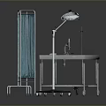 Medical Examination Equipment Setup With Metal Table Blue Privacy Screen And Lamp
