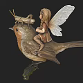 Fantasy Game Movie Character Fairy With Wings Braids Riding Bird And Grasshopper