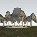 Modern Garden Landscape Featuring Wavy Roof Wooden Pavilion With Greenery And Stones
