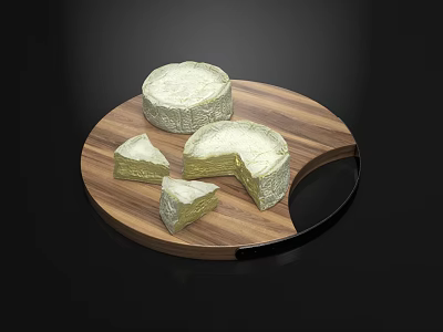 Tasty Cheese Slices On Round Wooden Platter With Whole Wheels 3d model