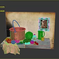 Vintage Decorative Ornament Combination With Red Bucket Green Mug Vegetables Checkered Cloth And Framed Portrait