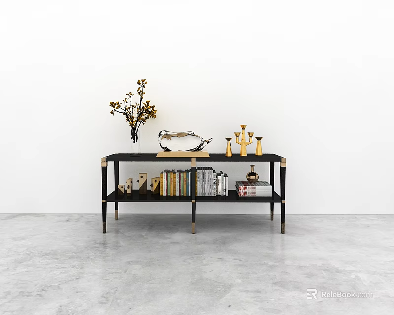 Elegant Black Entryway Console Table with Gold Trim Decorative Vase and Books 3d model