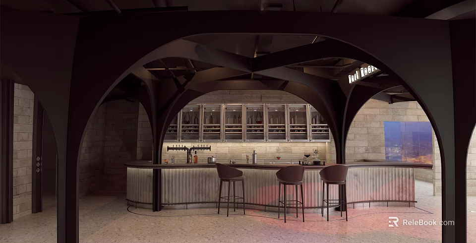 Modern Bar Interior With Arched Structure Wine Racks Bar Counter And Bar Stools 3d model 