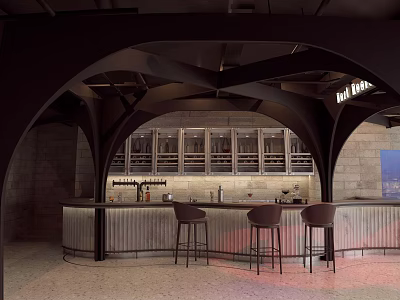 Modern Bar Interior With Arched Structure Wine Racks Bar Counter And Bar Stools 3d model