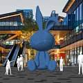 Giant Blue Rabbit Inflatable Installation In Urban Commercial Plaza With People