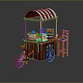 Functional Mobile Coffee Cart with Striped Awning Wooden Stools and Coffee Machines
