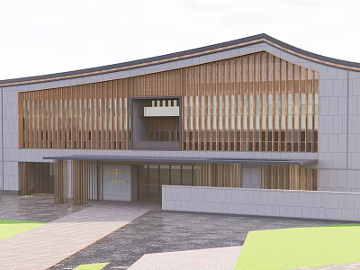 Modern Chinese Style Building Exterior With Wooden Grille Gray Stone Wall Entrance Plaque And Pathway 3d model