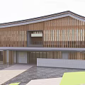 Modern Chinese Style Building Exterior With Wooden Grille Gray Stone Wall Entrance Plaque And Pathway