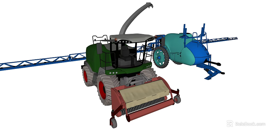 Functional Agricultural Vehicle with Green Combine Harvester and Blue Sprayer Equipment for Efficient Crop Harvesting 3d model 