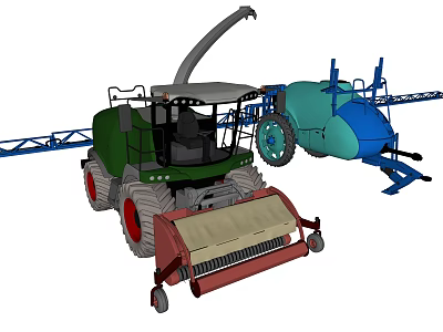 Functional Agricultural Vehicle with Green Combine Harvester and Blue Sprayer Equipment for Efficient Crop Harvesting 3d model