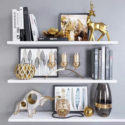 Decorative Ornament Set With Golden Deer Candle Holders Feather Art Frames And Books On Shelf 3d model