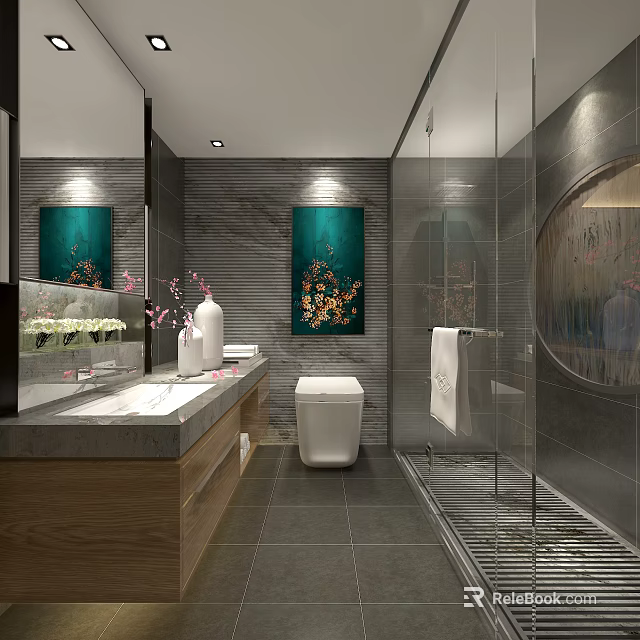 Hotel Bathroom with Modern Gray Tiles Glass Shower Vanity and Decorative Painting 3d model 