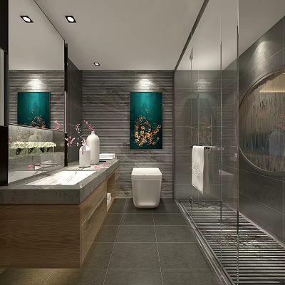 Hotel Bathroom with Modern Gray Tiles Glass Shower Vanity and Decorative Painting 3d model
