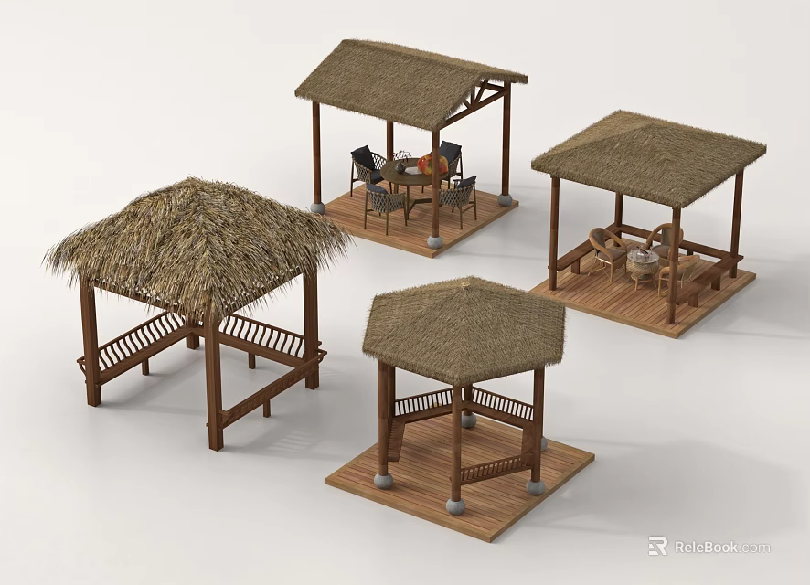 Various Wooden Gazebos With Thatch Roofs And Outdoor Seating Areas 3d model 