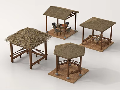 Various Wooden Gazebos With Thatch Roofs And Outdoor Seating Areas 3d model