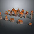 Miniature Buildings With Orange Roofs And Various Shapes On Grey Background