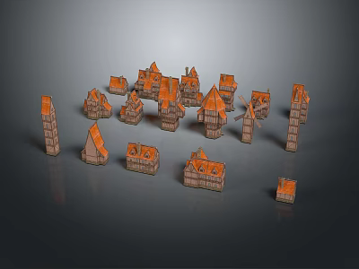 Miniature Buildings With Orange Roofs And Various Shapes On Grey Background 3d model