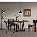 Modern Round Wooden Dining Table Set With Designer Chairs Pendant Lights And Wall Art