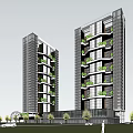 Modern Twin High Rise Tower Buildings With Green Plant Balconies And Urban Architectural Design