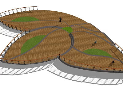 Modern Road Facilities Featuring Wooden Deck Curved Pathways And Green Lawn Areas 3d model