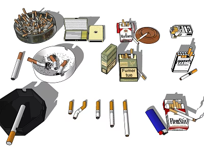 Vintage Cigarette Themed Decorative Ornament Set With Different Ashtrays And Cigarette Packs 3d model