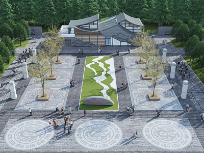 Modern Commercial Street With Greenery Trees Water Feature And Circular Ground Patterns 3d model