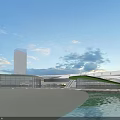 Modern Commercial Complex With White Curved Structure And Green Lawn Plaza