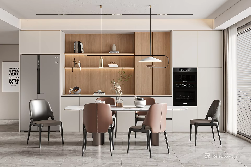 Modern Dining Room Interior Design With Wooden Table Upholstered Brown Chairs Pendant Lights And Plants 3d model 