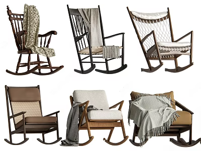 Cozy Wooden Leisure Rocking Chairs With Various Cushions And Draped Blankets 3d model