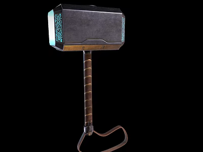 Mythical Weapon Thor's Hammer With Metal Head Blue Glowing Runes And Leather Wrapped Handle 3d model