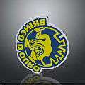 Brinco Stud Logo Design With Yellow Lion Head And Blue Circular Background